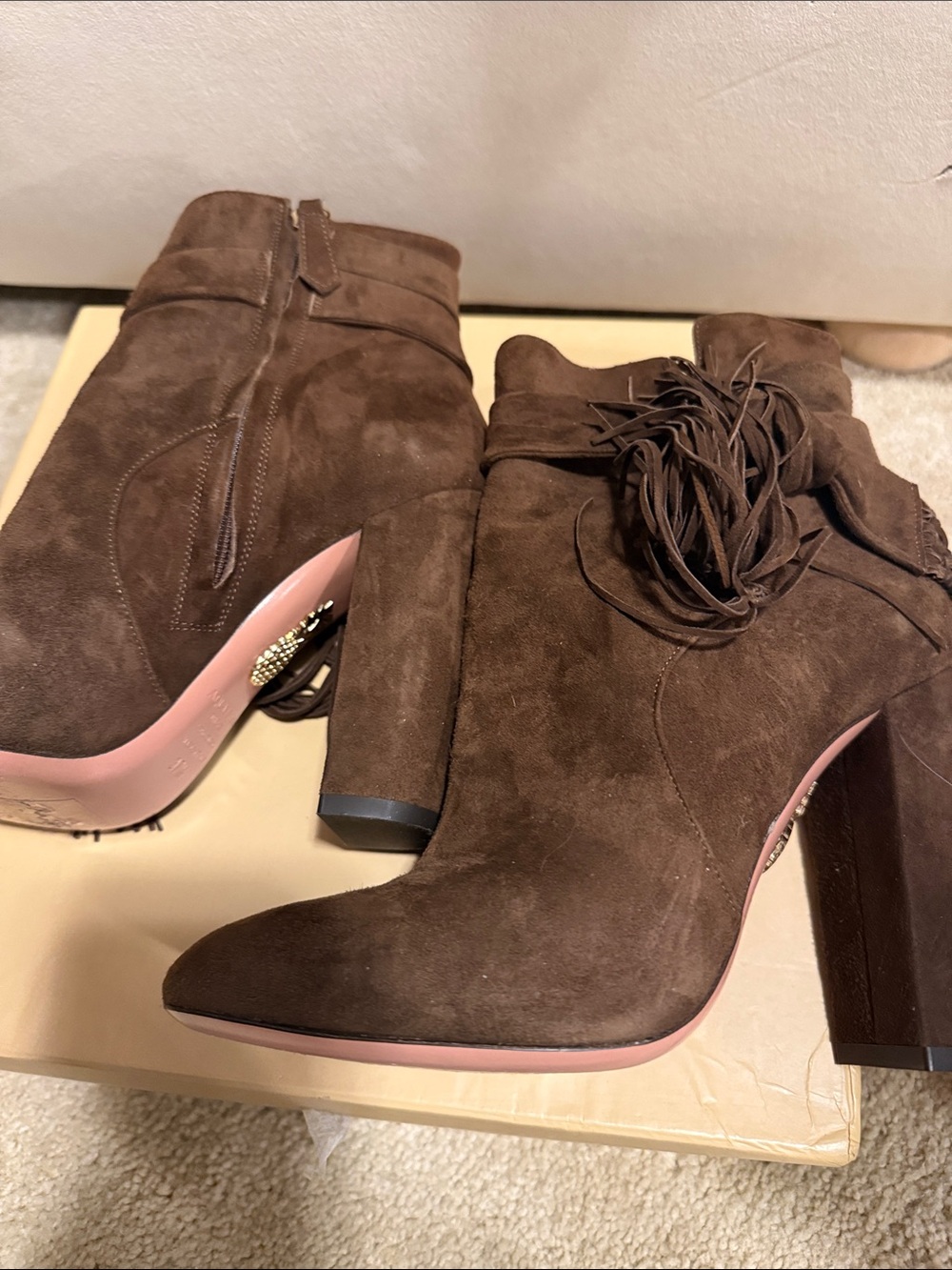 Aquazzura Women's Suede Fringe Tie Ankle Boots - Brown - Picture 5 of 6